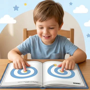 A smiling boy at a table tracing the two blue spirals of the Trace page with one finger of each hand