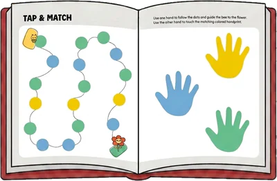 Open book, Tap & Match activity: a winding path of blue, green and yellow dots leading a bee to a flower, next to blue, yellow and green handprints to touch