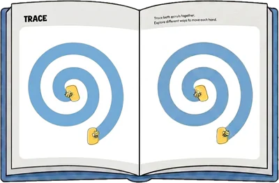 Open book, Trace activity: one blue spiral path on each page, each with a little bee at its end, to trace with both hands at the same time