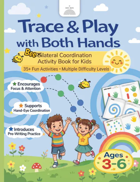 Trace & Play with Both Hands on Amazon — book cover with two children jumping beside dotted tracing paths, ages 3–6
